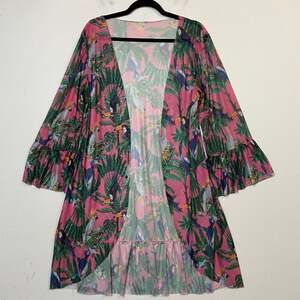 Pink Bird Swimsuit Cover Up Beach Cruise Open Front Bell Sleeves Size Small